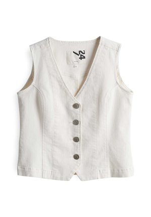 Weißer Jeansweste mit V-Ausschnitt, fünf silbernen Knöpfen auf der Vorderseite und offenen Armausschnitten. Sauberes Design und subtile Nähdetails.