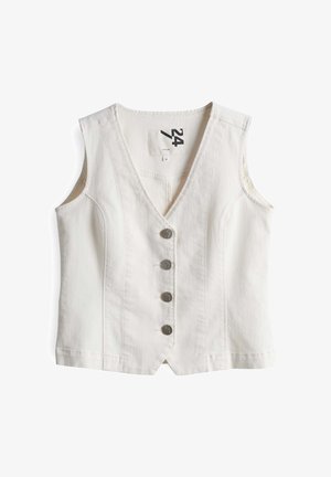Witte denim vest met een V-halslijn, vijf zilveren knopen aan de voorkant en open armsgaten. Schoon ontwerp met subtiele stikseldetails.