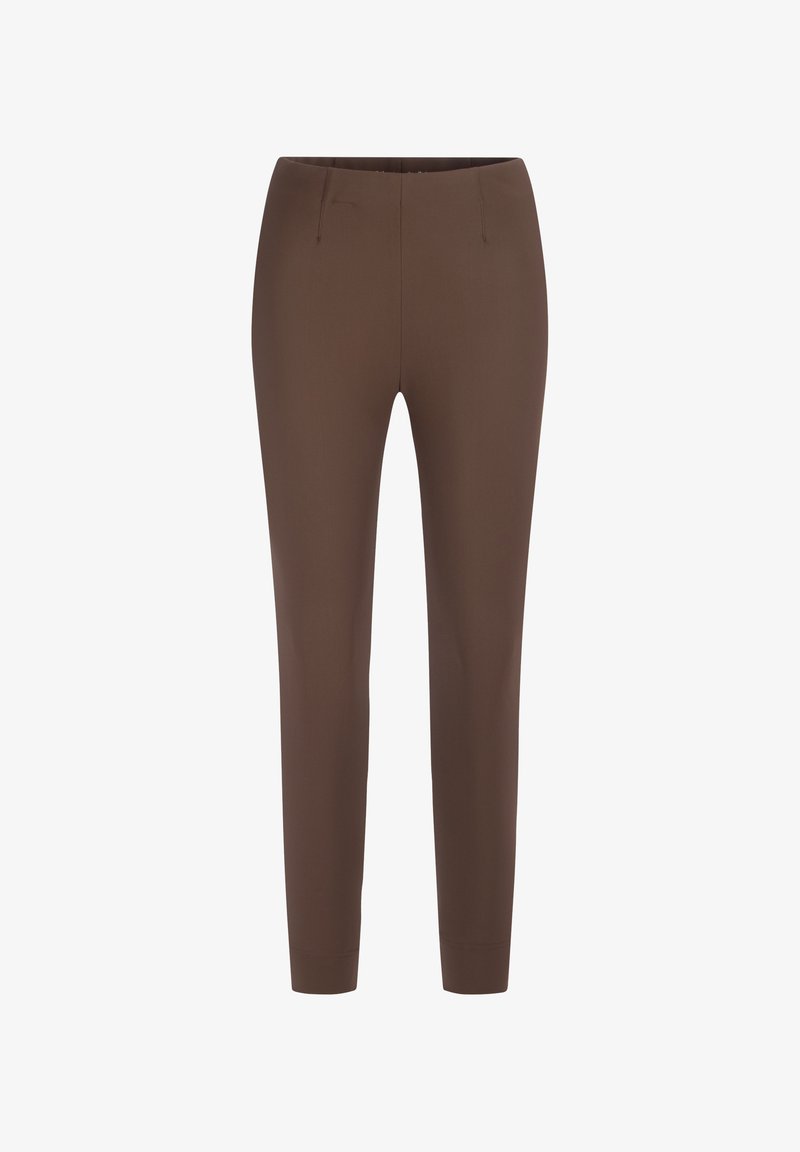 Braune, enganliegende Hosen aus glattem Stoff, mit einer mittelhohen Taille, zwei vorderen Taschen und einem schmal zulaufenden Beindesign. Keine sichtbaren Metallteile.