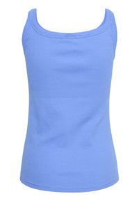 Top in cotone azzurro chiaro realizzato in tessuto a coste. Presenta un collo rotondo e spalline sottili. Tessuto liscio, design aderente.