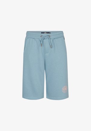 Shorts din bumbac de culoare albastru deschis, cu talie elastică și șnur ajustabil. Prezintă buzunare laterale și un logo imprimat în colțul inferior.