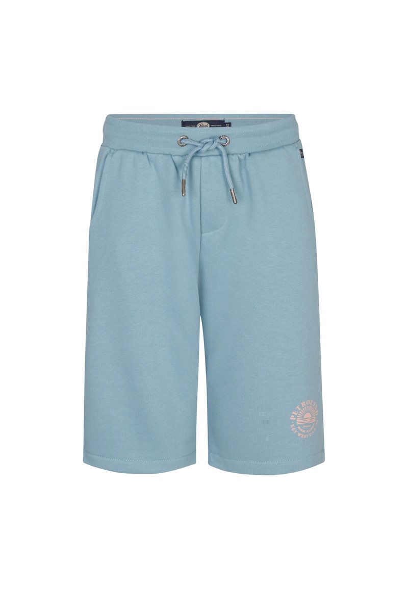 Pantaloni corti in cotone blu chiaro con vita elasticizzata e cordoncino regolabile. Presentano tasche laterali e un logo stampato nell'angolo inferiore.