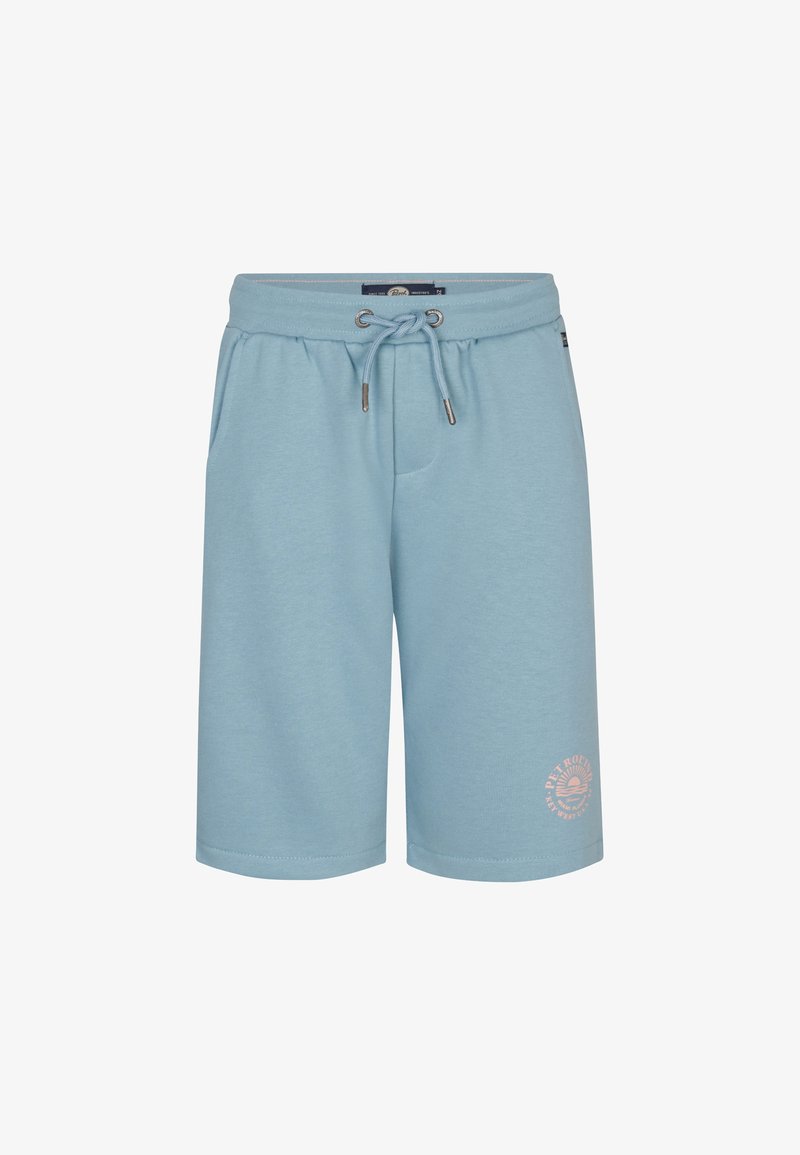 Pantaloni corti in cotone blu chiaro con vita elasticizzata e cordoncino regolabile. Presentano tasche laterali e un logo stampato nell'angolo inferiore.