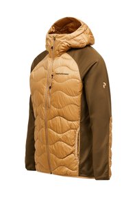 Tan puffer jacket with a quilted design, brown side panels, zippered front, and hood. Features the brand logo on the chest and sleeve.