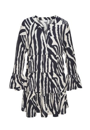 Black and white zebra-striped long-sleeve dress with tiered skirt and flared cuffs, featuring a round neckline and front slit.