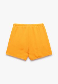 Pantaloni corti arancioni con una texture liscia, dotati di una vita elastica e un design semplice e privo di adornamenti. I pantaloni corti hanno una vestibilità comoda e un orlo dritto.