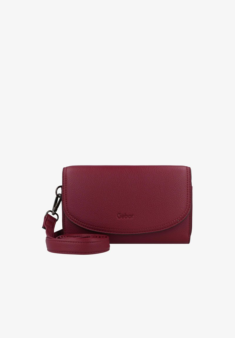 Red leather crossbody bag with a textured finish, featuring a flap closure, adjustable strap, and embossed logo on the front.