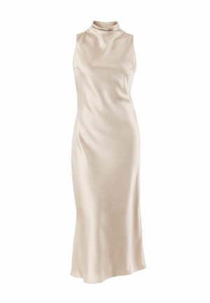 Abito midi smanicato in satin beige con scollo alto e vita aderente, mostrato su sfondo bianco.