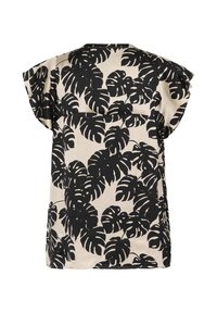Top a maniche corte in tessuto beige, con un motivo di foglie tropicali nere. Vestibilità ampia con spalle arrotondate e scollatura rotonda.