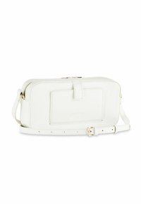 Borsa a tracolla in finta pelle bianca con forma rettangolare, zip superiore, tracolla regolabile, tasca frontale e dettagli in metallo dorato.