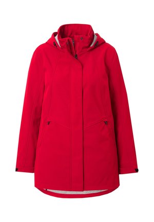 Giacca impermeabile rossa con cappuccio, dotata di chiusura con zip, due tasche laterali e fodera interna a contrasto. Texture liscia e design sartoriale.