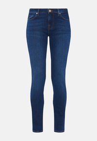 Jeans skinny en denim bleu foncé, avec cinq poches, une fermeture à bouton et des accents de couture subtils le long des coutures.