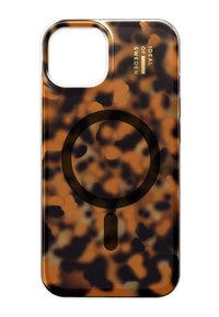 Coque de téléphone en motif écaille avec une finition brillante, présentant un design accent circulaire noir et un texte de marque dans le coin supérieur.