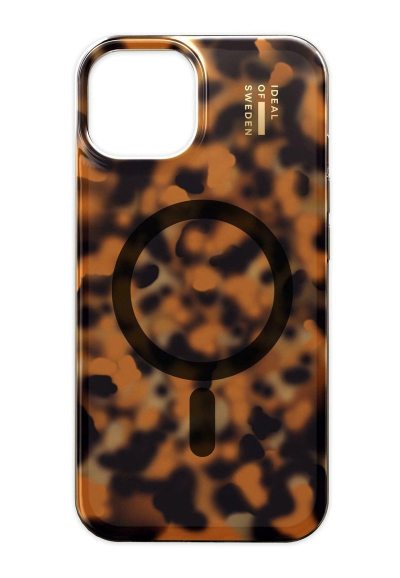 Coque de téléphone en motif écaille avec une finition brillante, présentant un design accent circulaire noir et un texte de marque dans le coin supérieur.