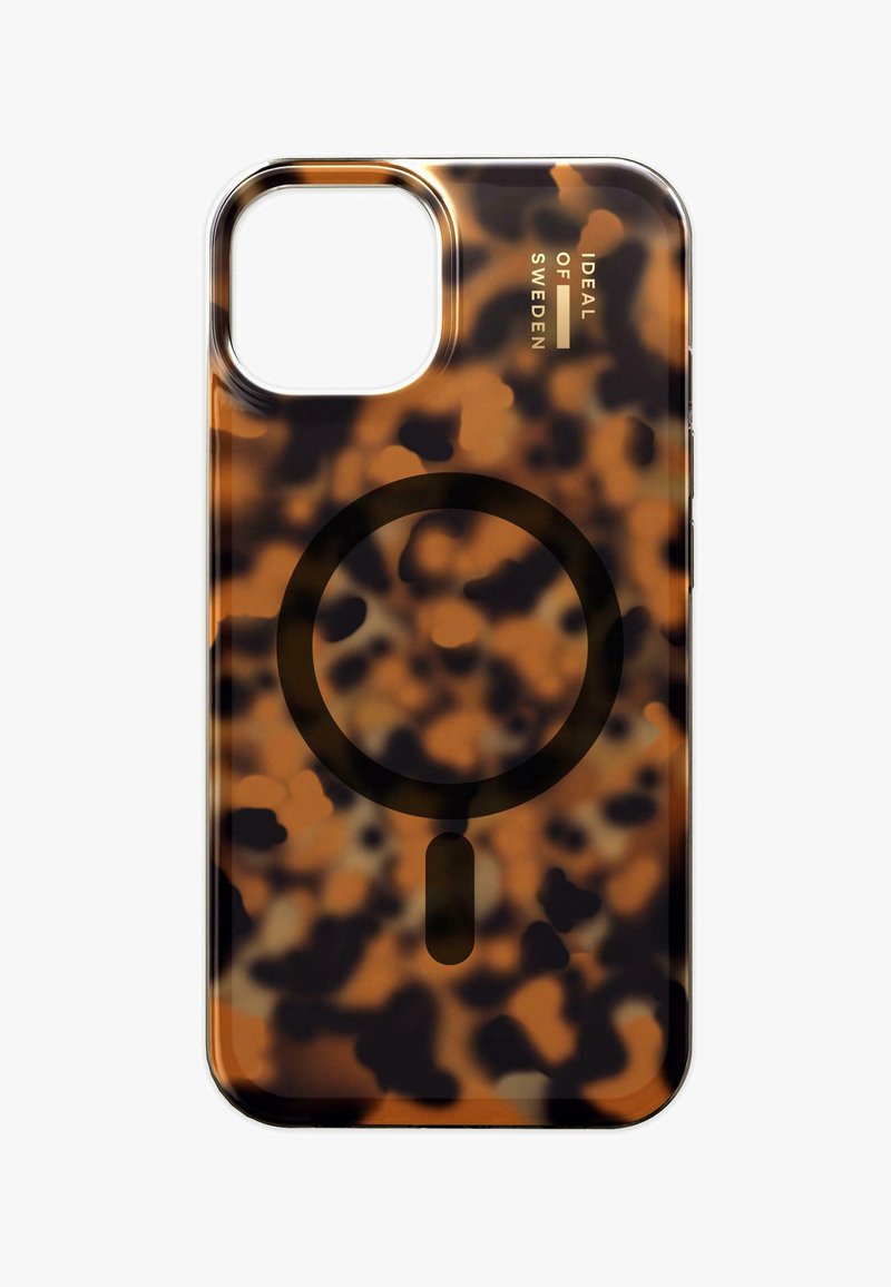 Telefonní pouzdro s vzorem želvoviny a lesklým povrchem, s kruhovým černým akcentním designem a brandingovým textem v horním rohu.