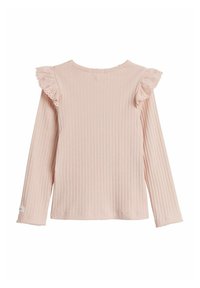Helle rosa gerippte Langarmbluse mit Spitzenrüschendetails an den Schultern und gewellten Kanten. Weicher Stoff, taillierte Schnittform mit geradem Saum.
