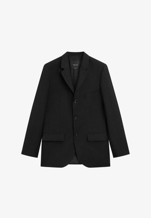 Zwart blazer van gestructureerde stof met een ingesneden revers, een borstzakje, twee steekzakken aan de voorkant en een sluiting met drie knopen.