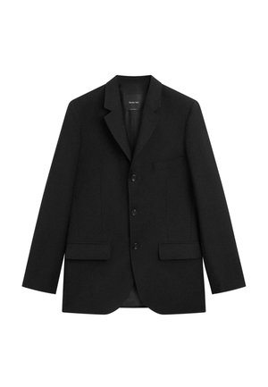 Sort blazer af tekstureret stof med notch-krave, enkelt brystlomme, to lommer foran og lukning med tre knapper.