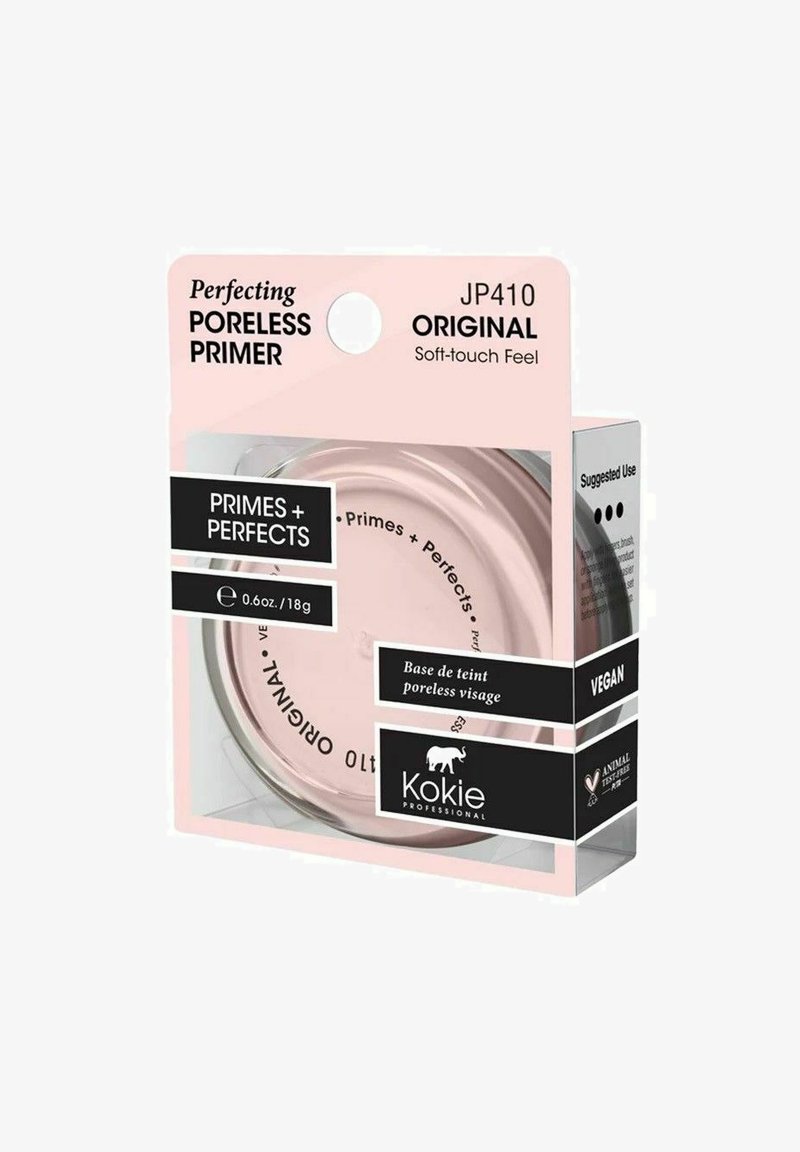 Kokie Professional Perfecting Poreless Primer i en klar krukke med et blødt pink låg. Har vegansk mærkning og blød berøring emballage.