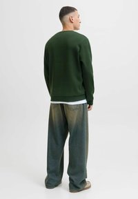 Sudadera verde con cuello redondo, combinada con unos pantalones vaqueros sueltos y desgastados de color azul. Los vaqueros tienen un ligero degradado y un ajuste relajado.