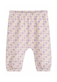 Pantaloni de copii galben deschis cu un model floral ciocănel mov, talie elastică și manșete strânse la glezne.