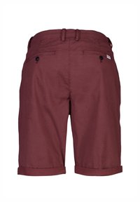 Shorts a quadri bordeaux con orlo piegato, dotati di due tasche posteriori e una piccola etichetta con logo sulla vita.