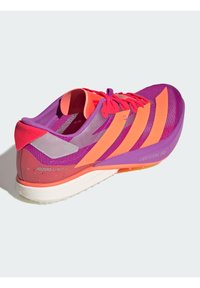 Purple and orange Adidas Adizero Avanti XC lightweight running shoe with pink laces and white sole, angled to show side and top details.
