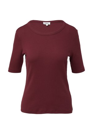 Haut bordeaux à manches courtes avec un col rond, fabriqué en tissu côtelé. Présente une texture lisse et un design simple. Étiquette visible au niveau du cou.
