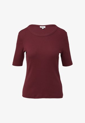 Burgunderrote Kurzarmbluse mit Rundhalsausschnitt, aus geripptem Material gefertigt. Verfügt über eine glatte Textur und ein einfaches Design. Etikett an der Halsöffnung sichtbar.