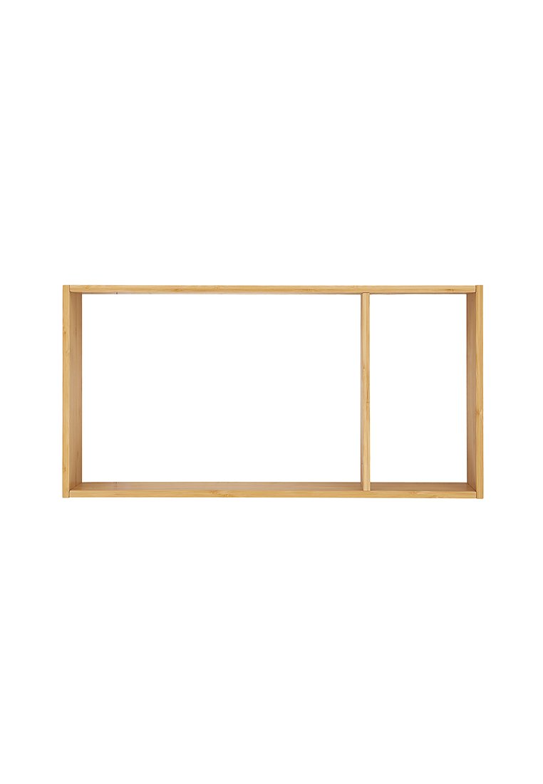 Mensola da parete in legno realizzata in bamboo chiaro, forma rettangolare con due scomparti aperti, texture liscia e design pulito.