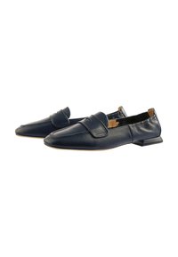 Navy leather loafers with a smooth texture, pointed toe, and small block heel. Features a strap across the instep for secure fit.