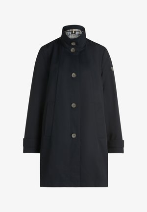 Marineblauer Mantel mittlerer Länge mit Stehkragen, fünf Knöpfen vorne, langen Ärmeln und kariertem Futter, das innen am Kragen sichtbar ist.