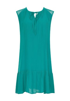 Varrukateta türkiissinine kleit ümmarguse kaelusega, ees lipsudetaili, võrguga kaunistatud õlad ja volangidega alumine serv.