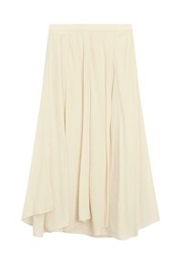 Lichte crèmekleurige midi-rok met plooien, A-lijn silhoët, zachte textuur, lichtgewicht stof en een vloeiende zoom. Geen zichtbare patronen of accenten.