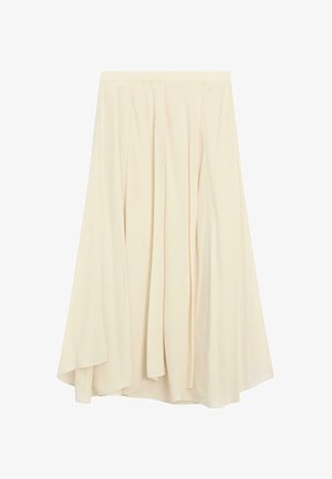 Jupe midi crème claire avec plis, silhouette en A, texture douce, tissu léger et ourlet fluide. Aucune motif ou accent visible.
