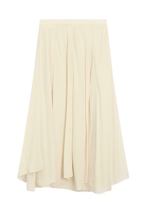 Lyscremet midi-nederdel med plisseringer, A-line silhuet, blød tekstur, let stof og en svævende kant. Ingen synlige mønstre eller accenter.