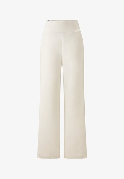 Light beige wide-leg pants with a high waistband, made from soft fabric. Features subtle stitching along the seams and no visible hardware.