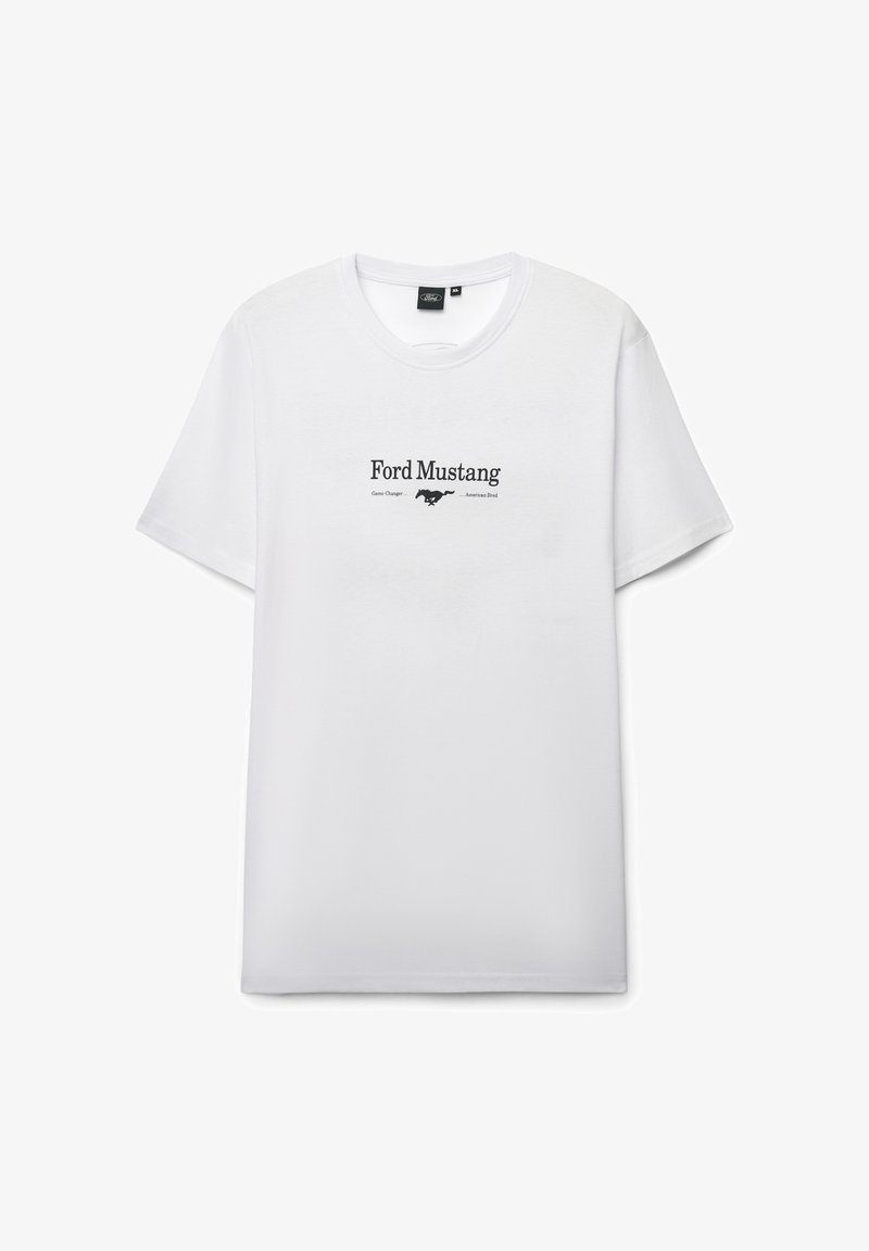 Biała bawełniana koszulka z czarnym napisem i logo "Ford Mustang", krótkimi rękawami i klasycznym, okrągłym dekoltem.
