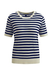 Navy and white striped short-sleeve knit top with a round neckline and ribbed cuffs; soft texture; even horizontal stripes.