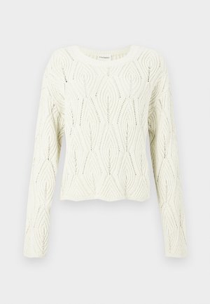 Pulover crem tricotat cu mâneci lungi, având un model geometric cu diamante și un decolteu rotund.