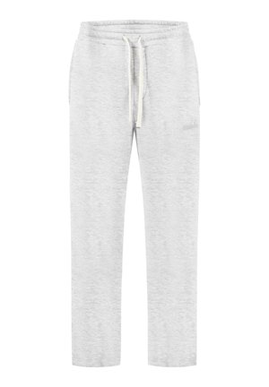 Lichtgrijze joggingbroek met elastische tailleband, witte trekkoord, zijzakken en subtiele stikdetail op de bovenkant van de dij.