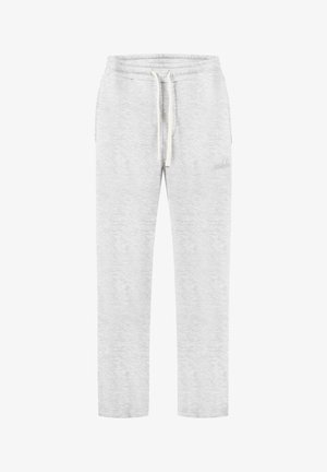 Lichtgrijze joggingbroek met elastische tailleband, witte trekkoord, zijzakken en subtiele stikdetail op de bovenkant van de dij.