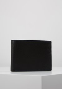 Black leather wallet with a textured finish, featuring blue stitching accents along the edges and embossed logo on one side.
