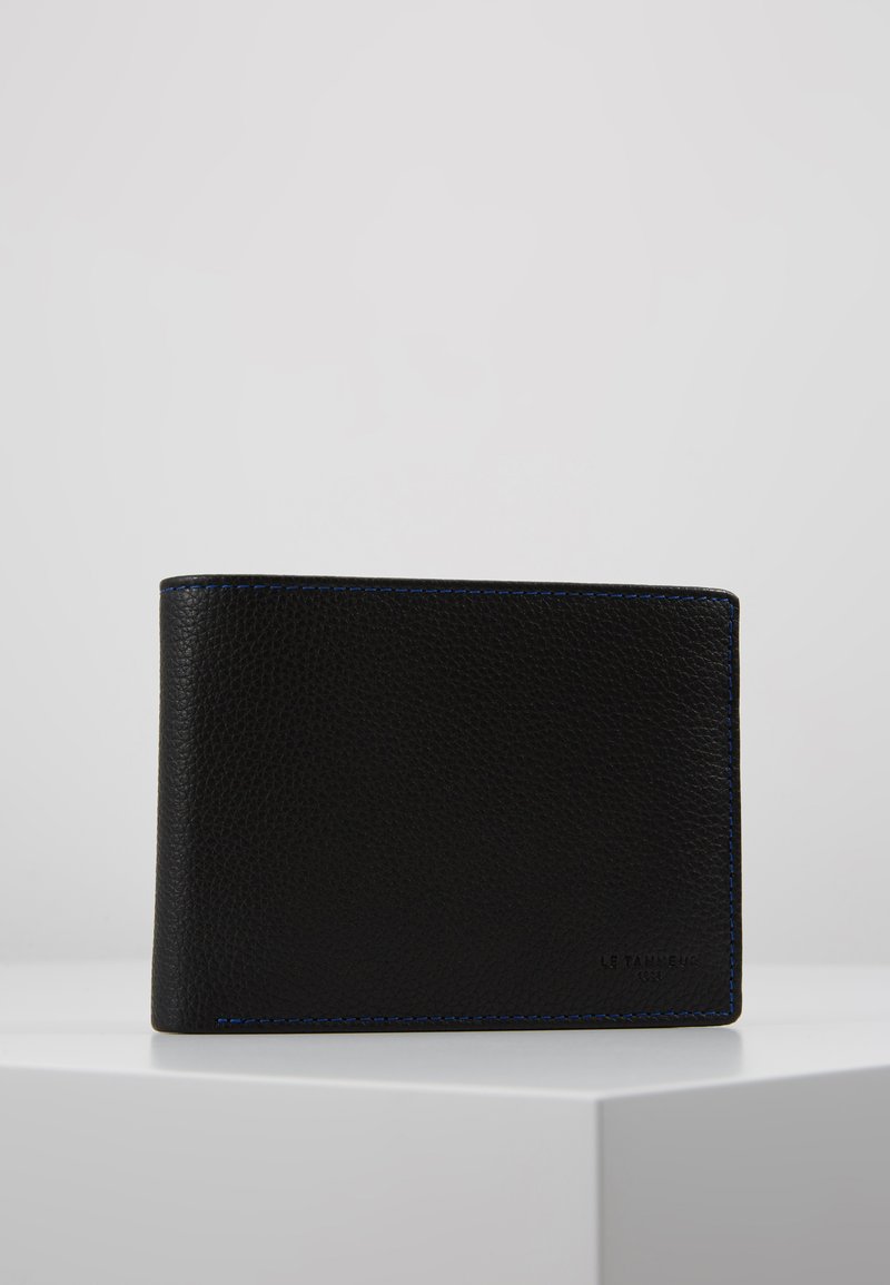 Black leather wallet with a textured finish, featuring blue stitching accents along the edges and embossed logo on one side.