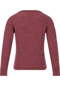 Langarm maroon trui met een geribbelde textuur, voorzien van een ronde halslijn en een aansluitende snit, gemaakt van zacht breimateriaal.