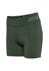 Grüne Sportshorts mit hohem Taillenbund, aus glattem, dehnbarem Material, mit einem kontrastierenden weißen "HUMAN"-Logo am Bund.