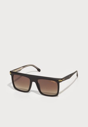 Black rectangular sunglasses with gradient brown lenses and gold accents on the temples, featuring a sturdy plastic frame.