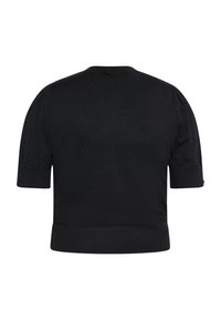 Pulover scurt, negru, cu mâneci scurte și guler rotund, tiv cu jiguire și mâneci ușor bufante. Textură fină, design simplu, croială clasică.