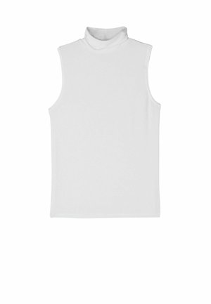 Vit ärmlös polokrage med hög halsdesign, mjukt tyg och en slät yta. Har en ren, minimalistisk silhuett.