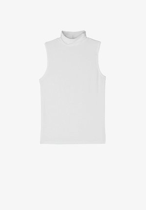 Weißes ärmelloses Rollkragenoberteil mit hohem Kragen, weichem Stoff und glatter Textur. Verfügt über eine klare, minimalistische Silhouette.